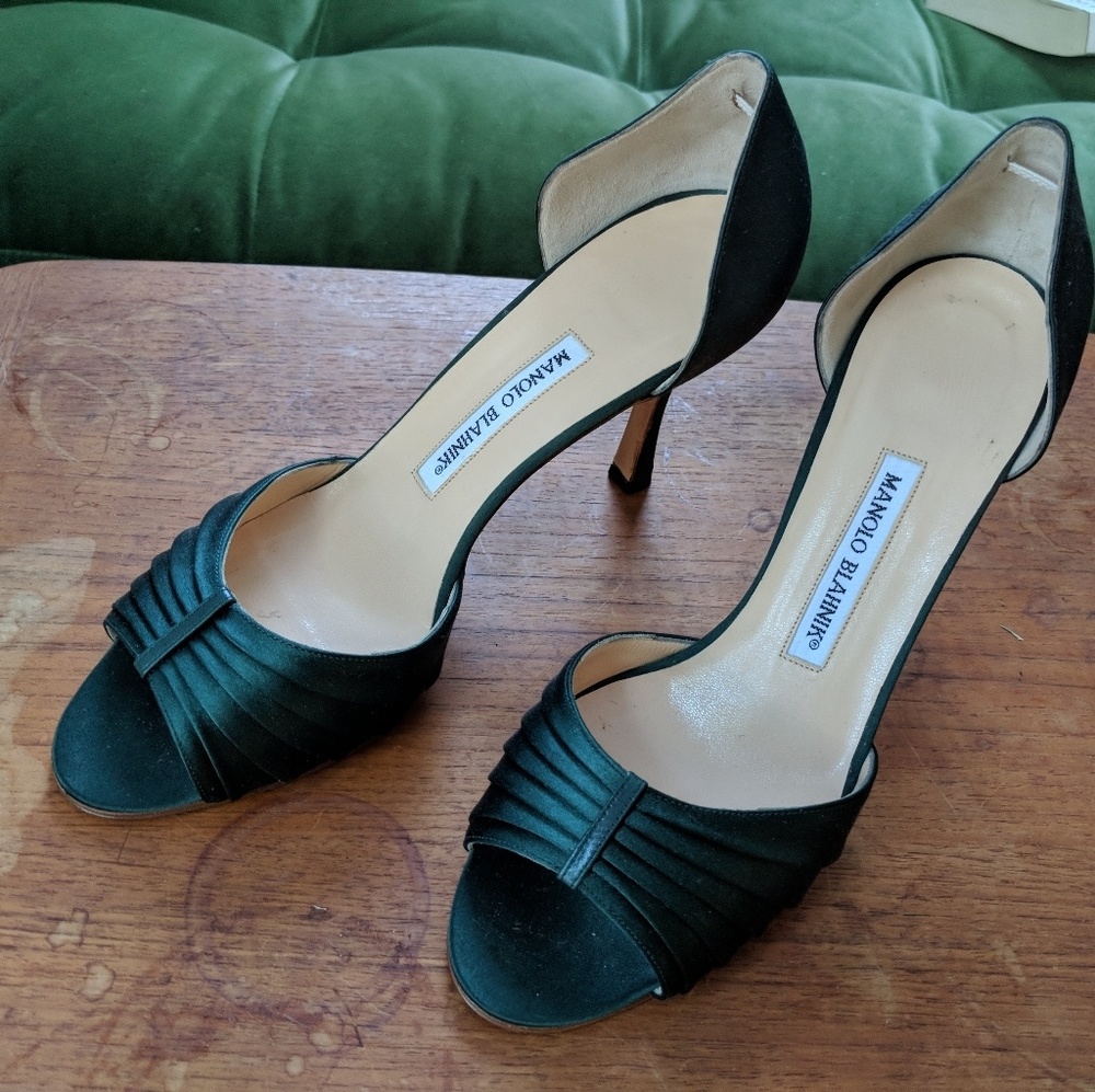 Manolo Blahnik green satin heels